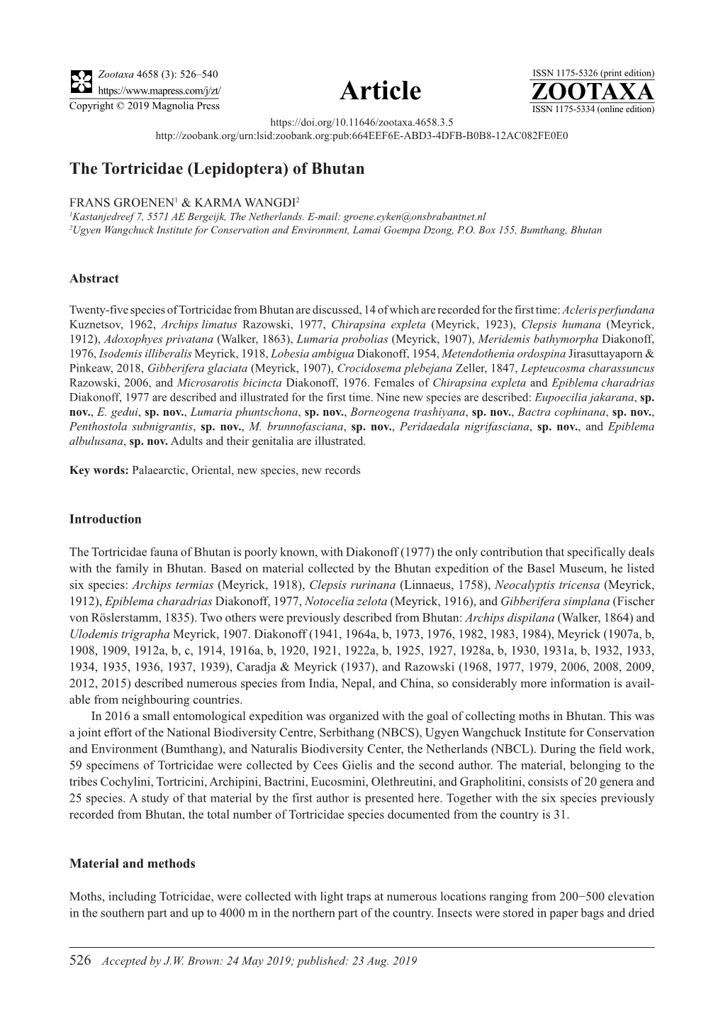 The Tortricidae (Lepidoptera) of Bhutan