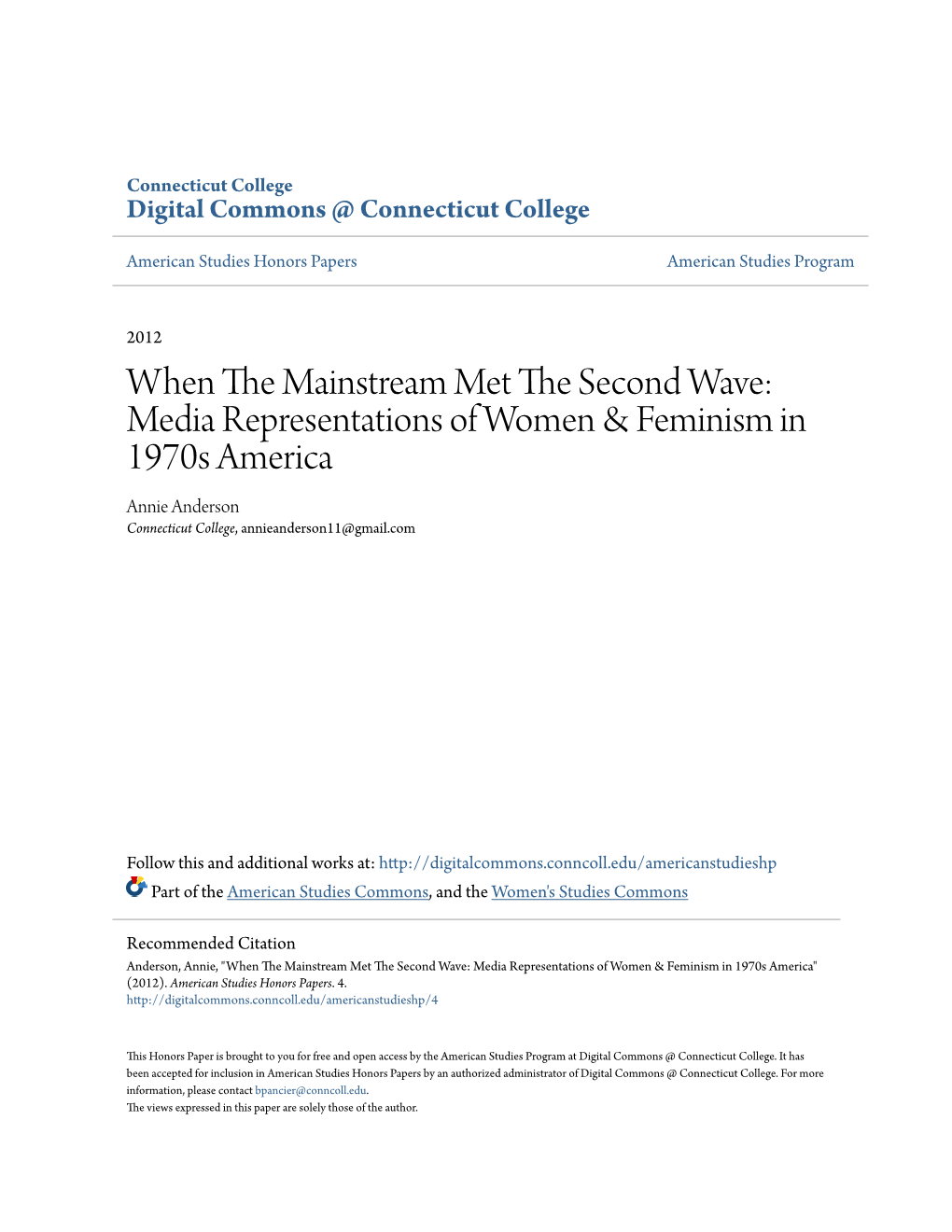 When the Mainstream Met the Second Wave: Media Representations of Women & Feminism in 1970S America