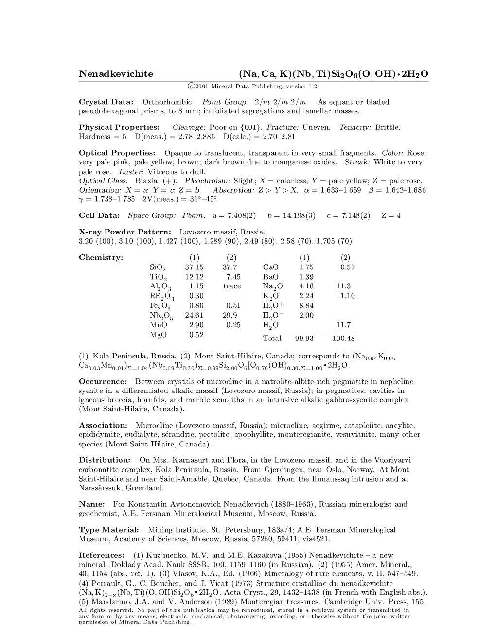 Nenadkevichite (Na,Ca, K)(Nb,Ti)Si 2O6(O,OH)² 2H2O