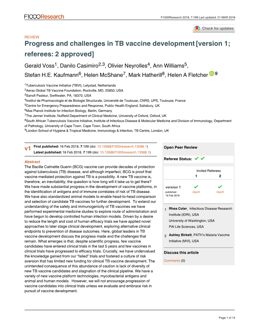 Progress and Challenges in TB Vaccine Development[Version 1