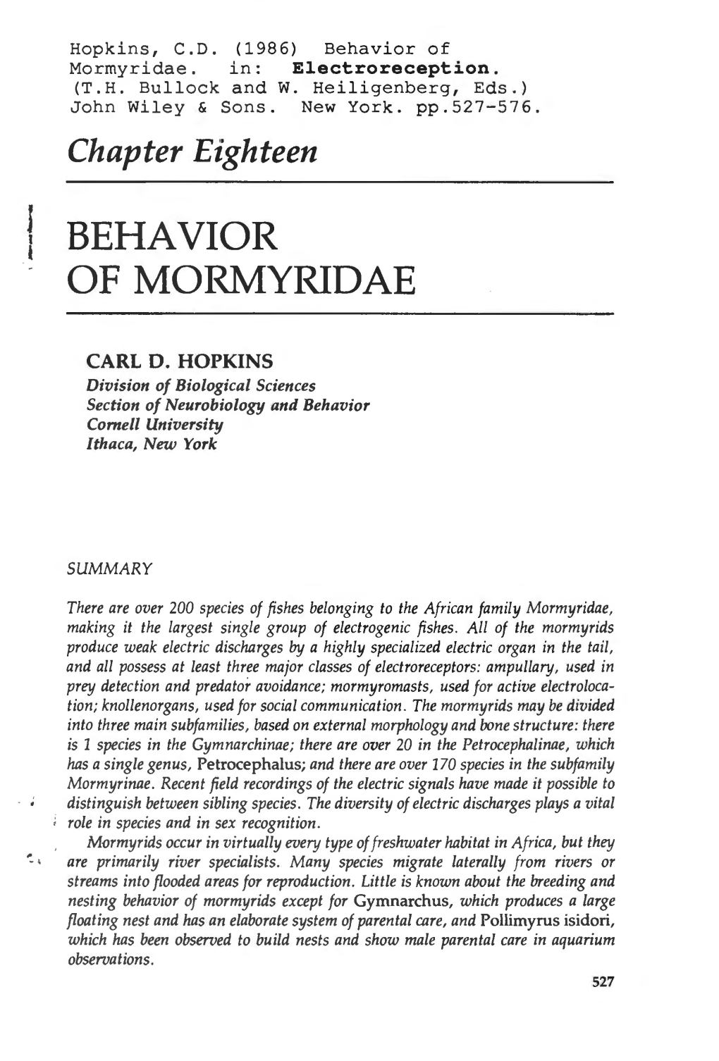 Chapter Eighteen J BEHAVIOR of MORMYRIDAE