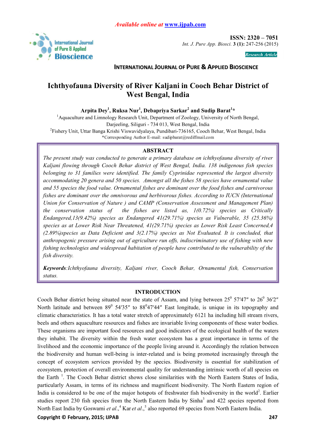 Ichthyofauna Diversity of River Kaljani in Cooch Behar District of West Bengal, India