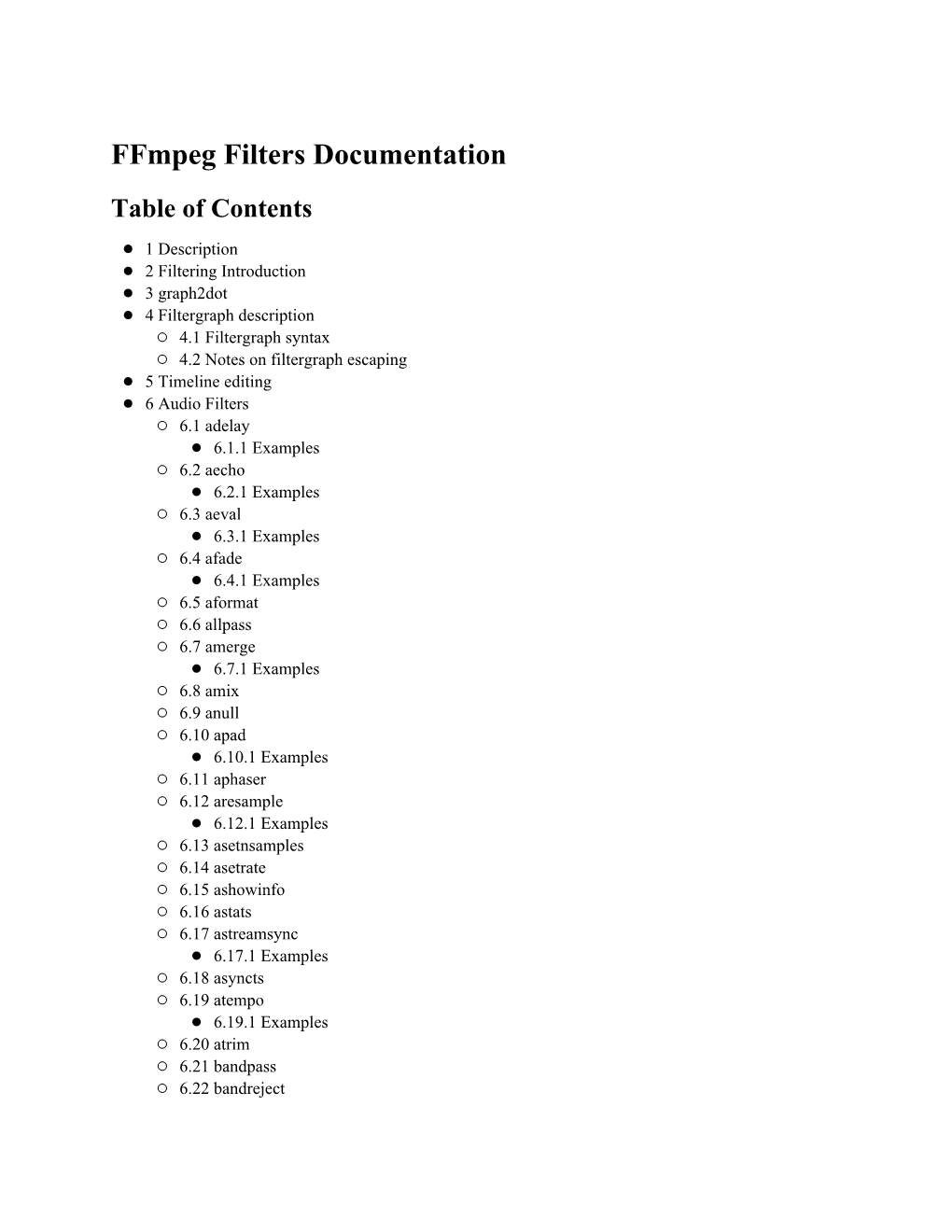 Ffmpeg Filters Documentation Table of Contents