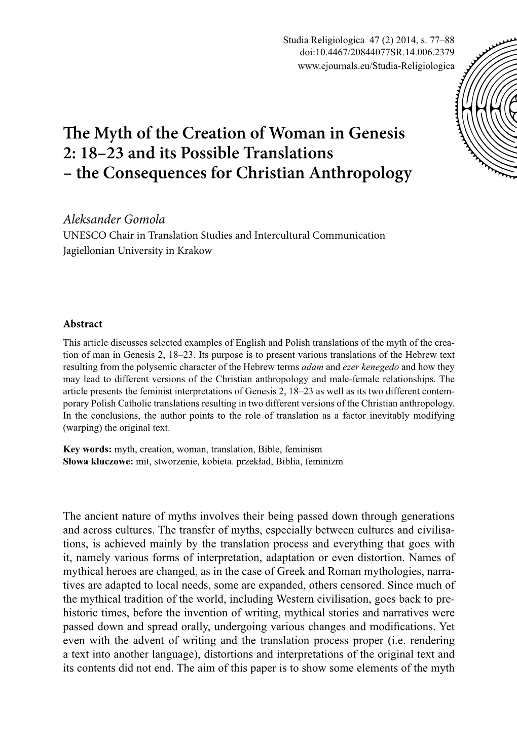 The Myth of the Creation of Woman in Genesis 2: 18–23 and Its Possible Translations – the Consequences for Christian Anthropology