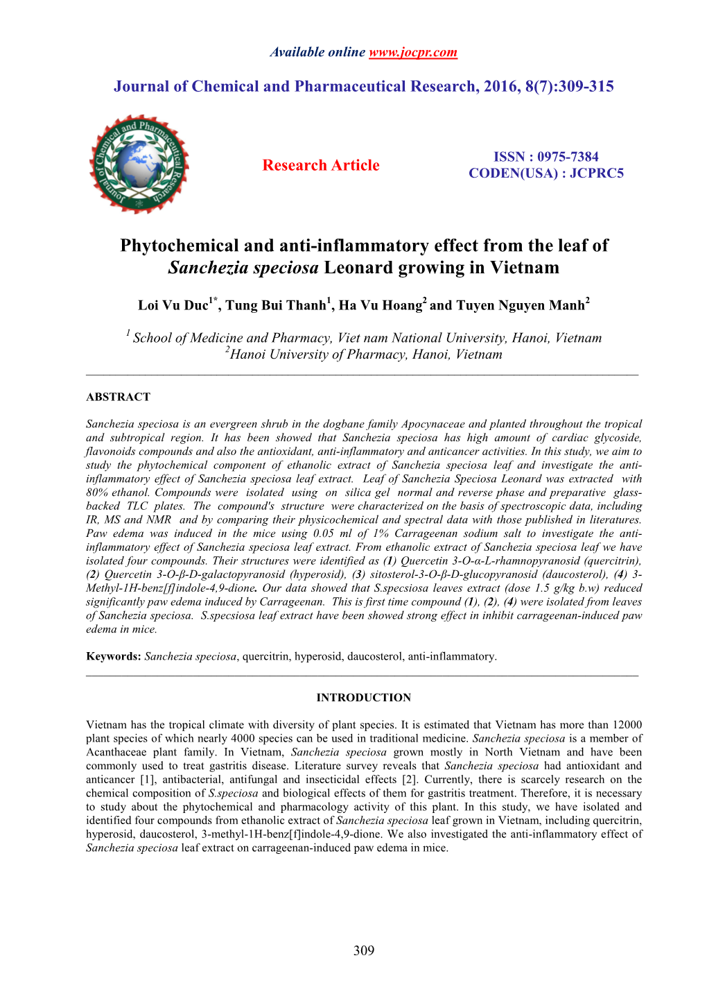 Phytochemical and Anti-Inflammatory Effect from the Leaf of Sanchezia Speciosa Leonard Growing in Vietnam