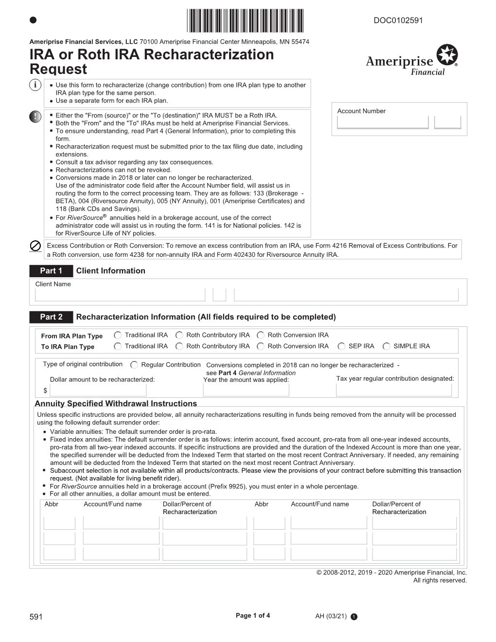 IRA Or Roth IRA Recharacterization Request (591)