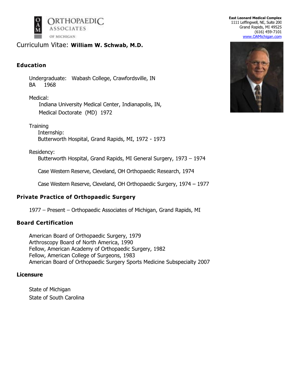 Curriculum Vitae: William W. Schwab, MD Education Undergraduate