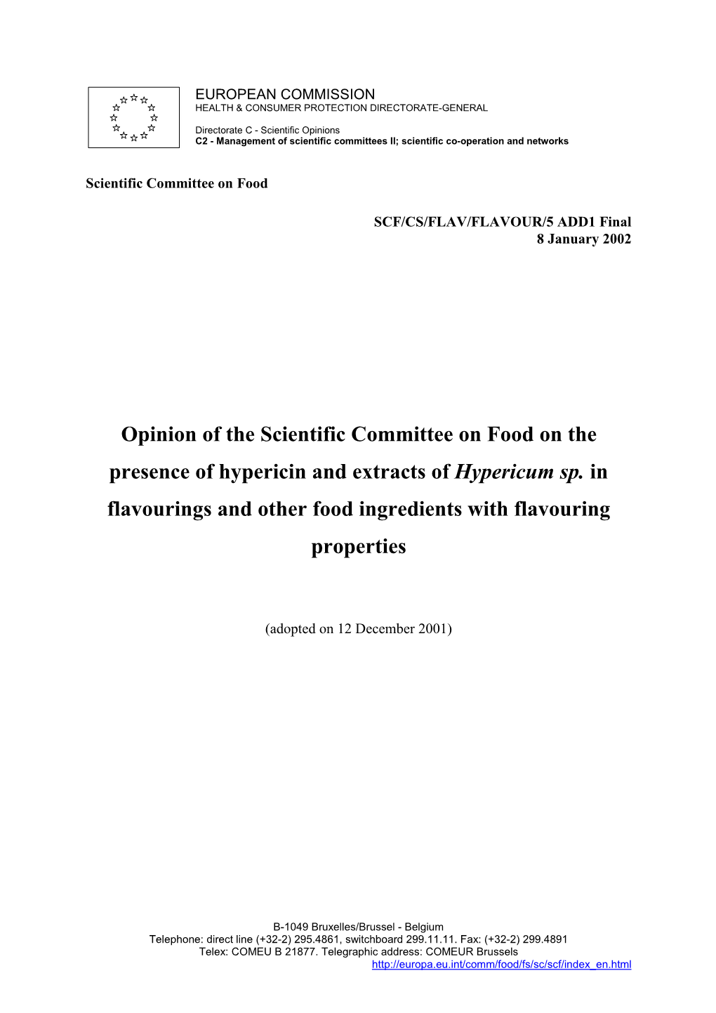 Opinion of the Scientific Committee on Food on the Presence of Hypericin and Extracts of Hypericum Sp