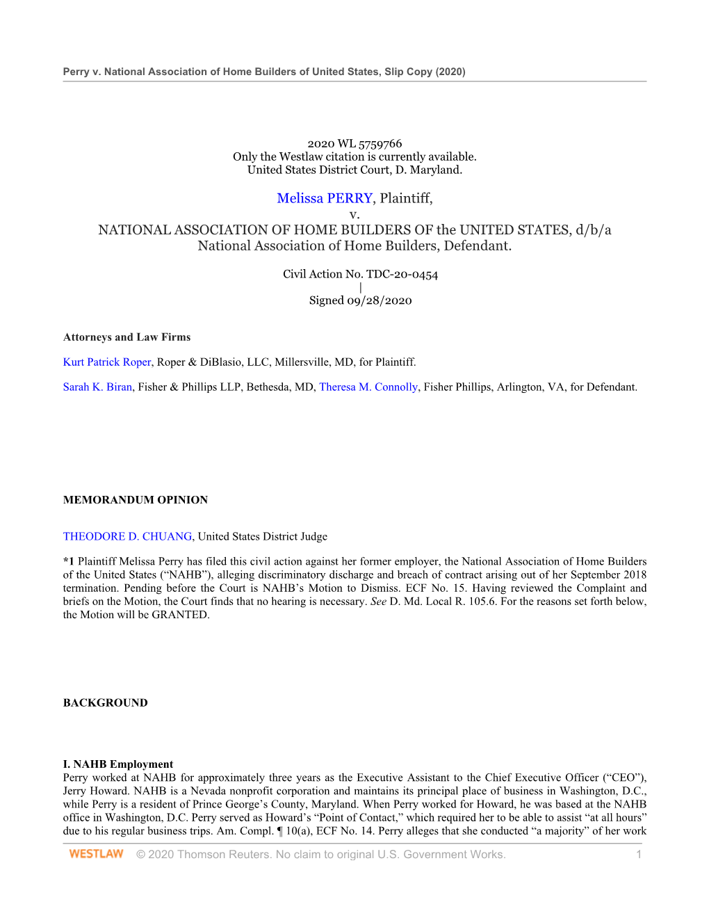 Melissa PERRY, Plaintiff, V. NATIONAL ASSOCIATION of HOME BUILDERS of the UNITED STATES, D/B/A National Association of Home Builders, Defendant