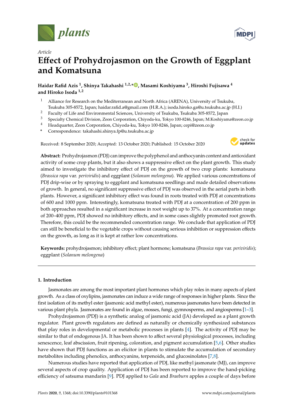 Effect of Prohydrojasmon on the Growth of Eggplant and Komatsuna
