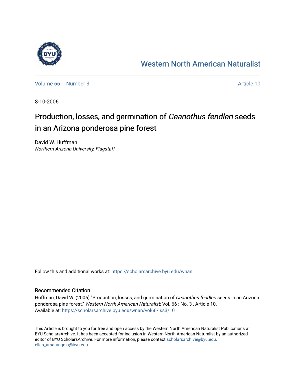 Production, Losses, and Germination of Ceanothus Fendleri Seeds in an Arizona Ponderosa Pine Forest