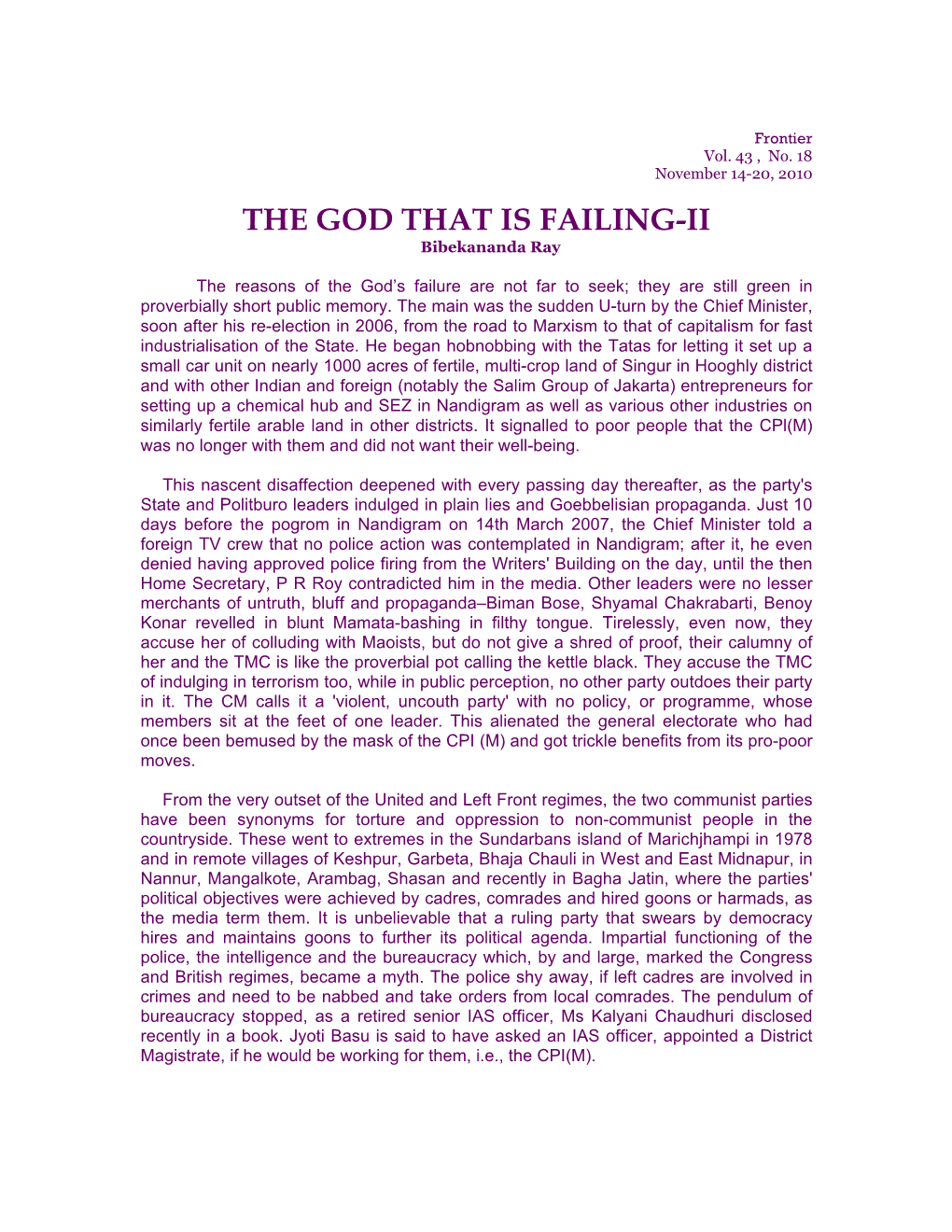 THE GOD THAT IS FAILING-II Bibekananda Ray