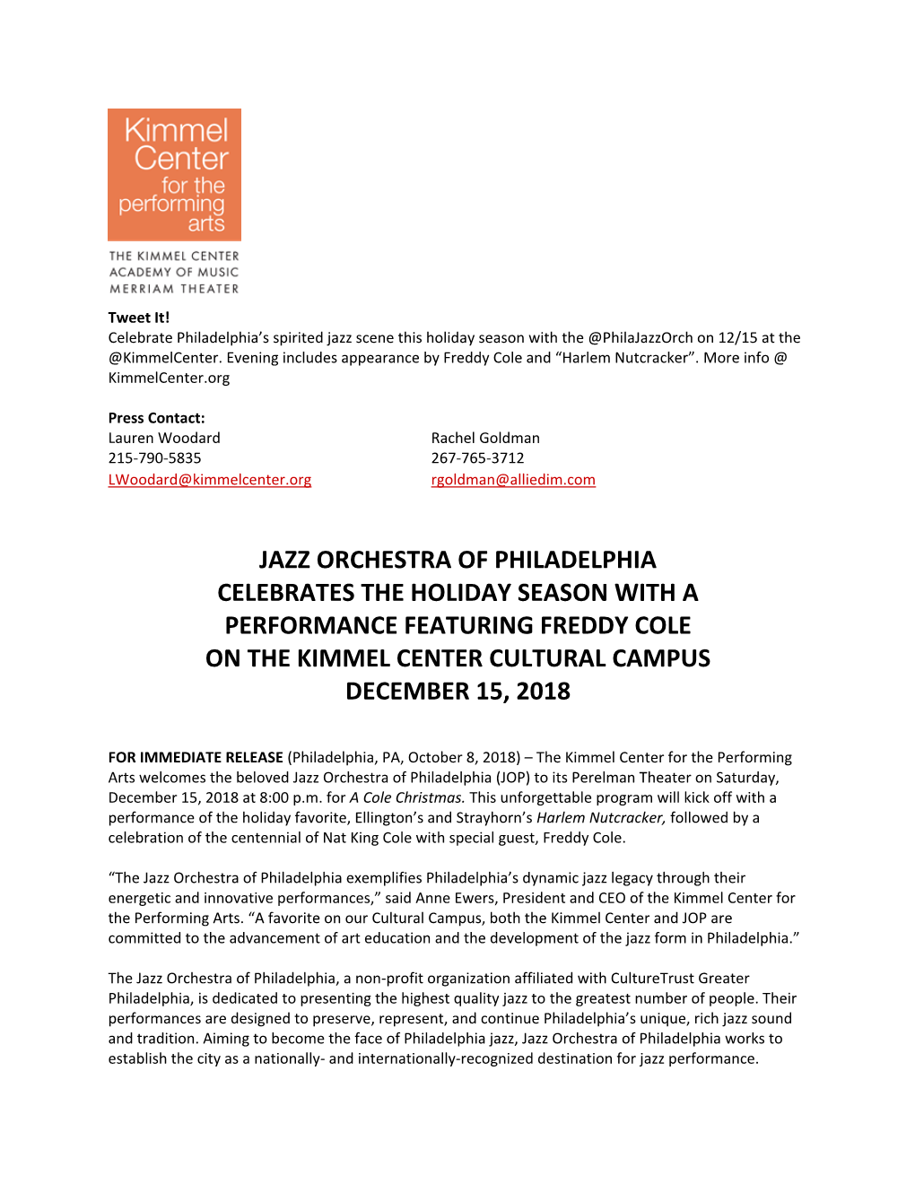 Jazz Orchestra of Philadelphia Celebrates the Holiday Season with a Performance Featuring Freddy Cole on the Kimmel Center Cultural Campus December 15, 2018