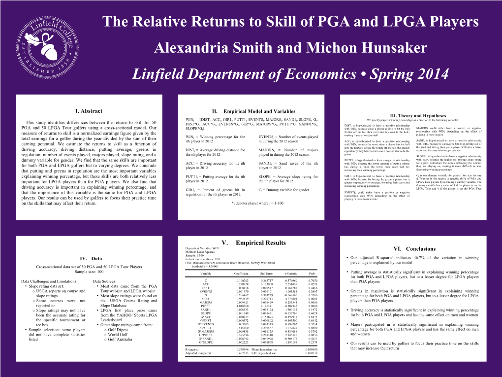 The Relative Returns to Skill of PGA and LPGA Players Alexandria Smith and Michon Hunsaker Linfield Department of Economics • Spring 2014