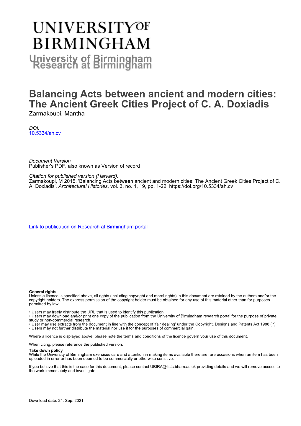 The Ancient Greek Cities Project of CA Doxiadis