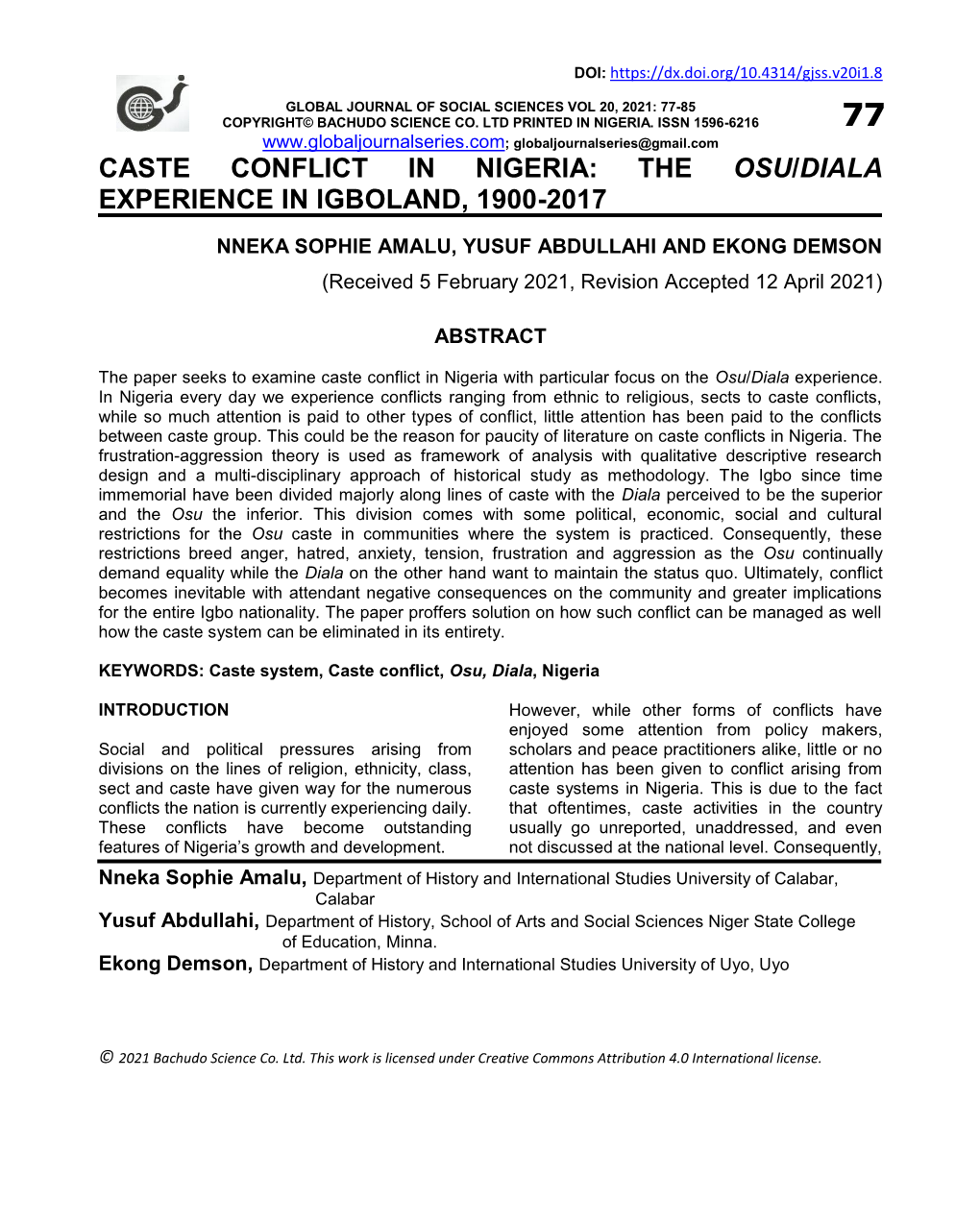 Caste Conflict in Nigeria: the Osu/Diala Experience in Igboland, 1900-2017