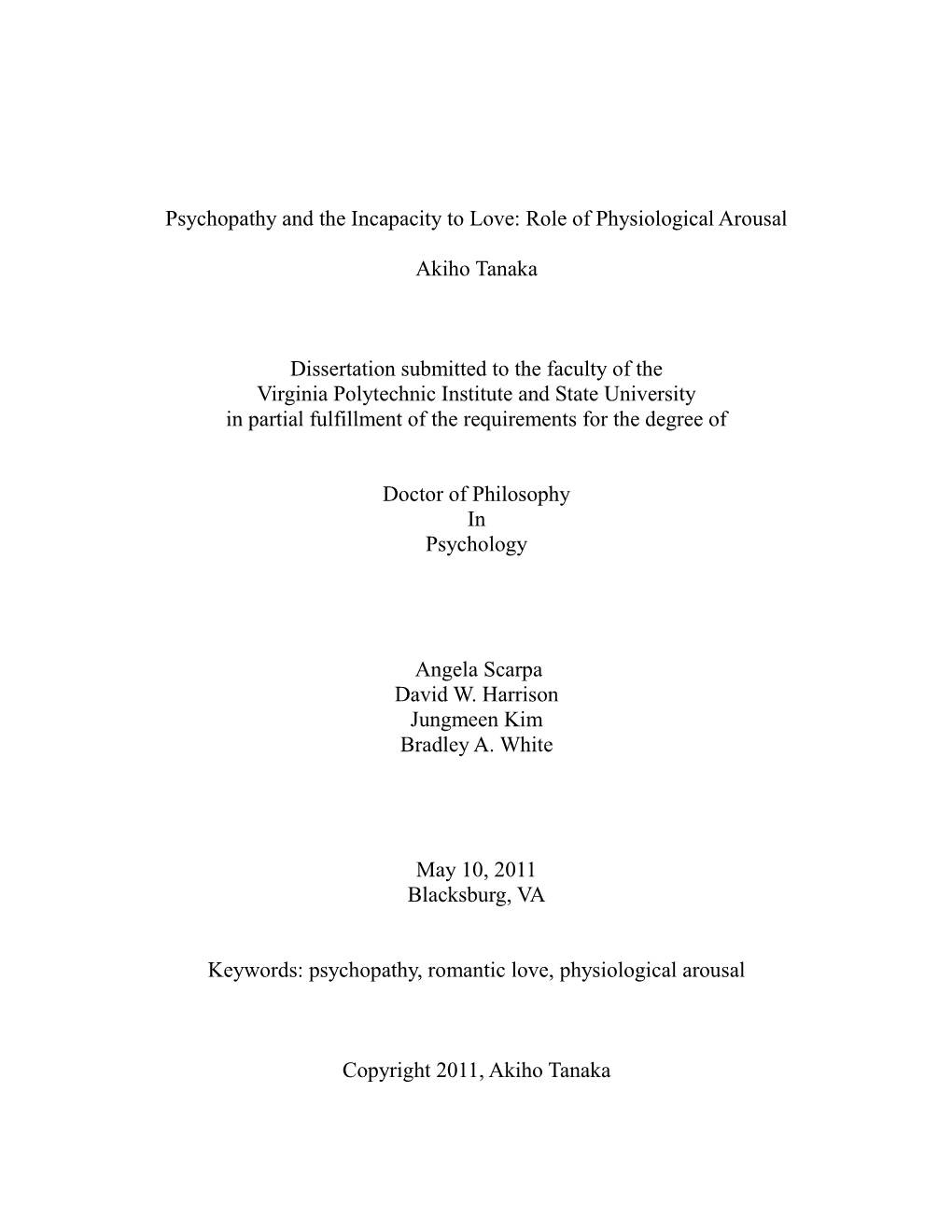 Psychopathy and the Incapacity to Love: Role of Physiological Arousal