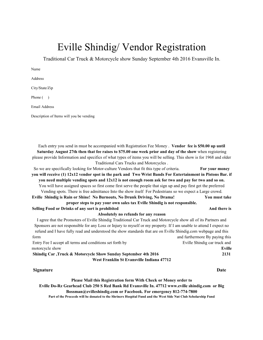 Eville Shindig/ Vendor Registration Traditional Car Truck & Motorcycle Show Sunday September