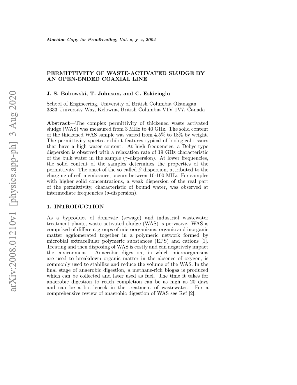 Permittivity of Waste-Activated Sludge by an Open-Ended Coaxial Line