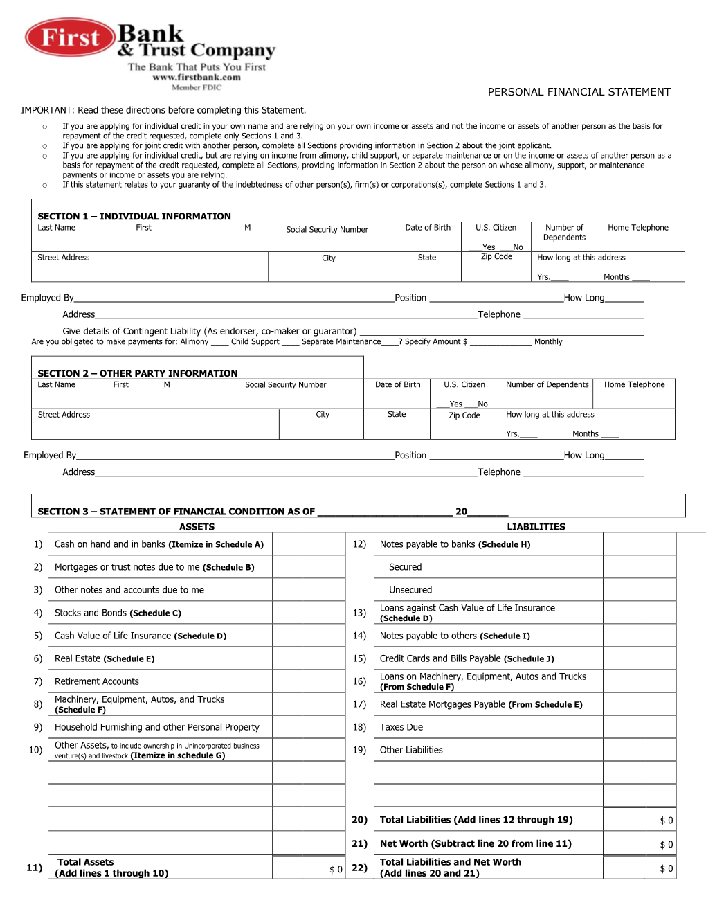 PERSONAL FINANCIAL STATEMENT IMPORTANT: Read These Directions Before Completing This Statement