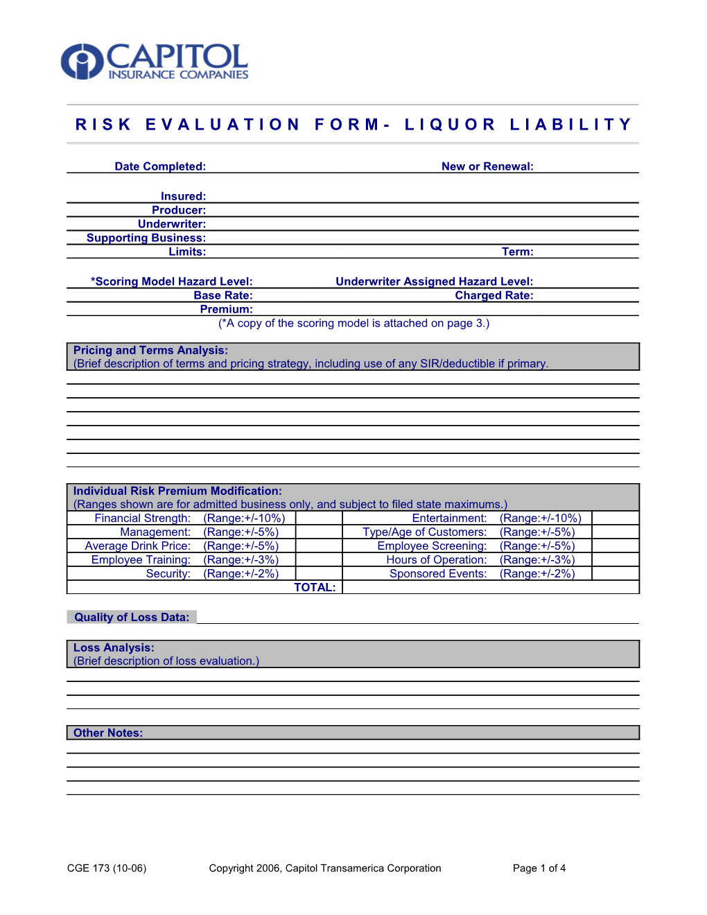 Liquor Liability Risk Evaluation Form