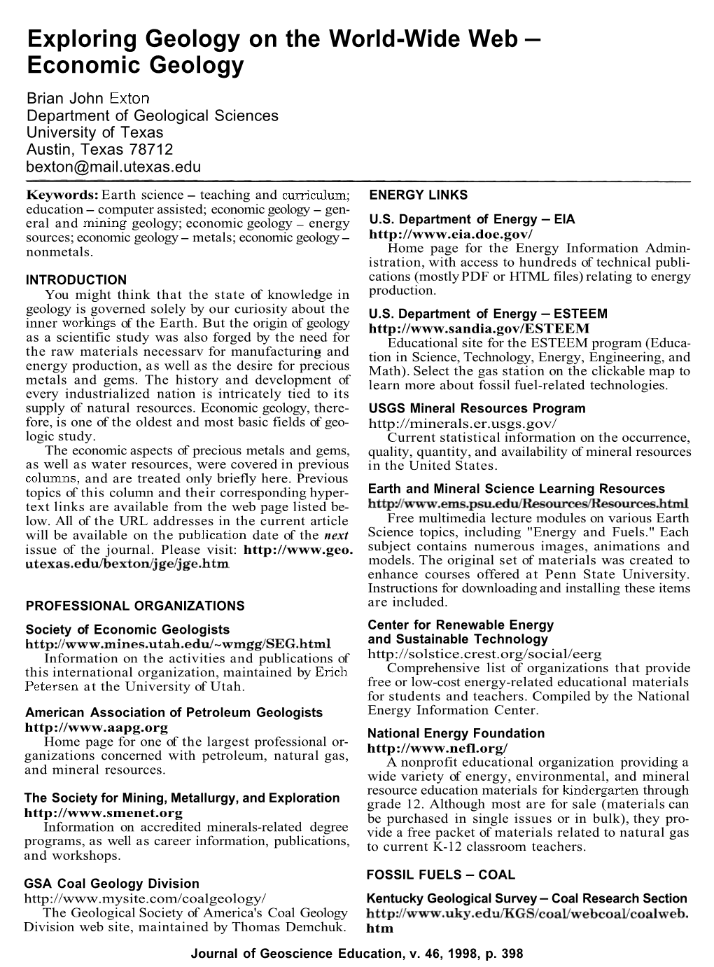 Economic Geology Brian John Exton Department of Geological Sciences University of Texas Austin, Texas 78712 Bexton@Mail.Utexas.Edu