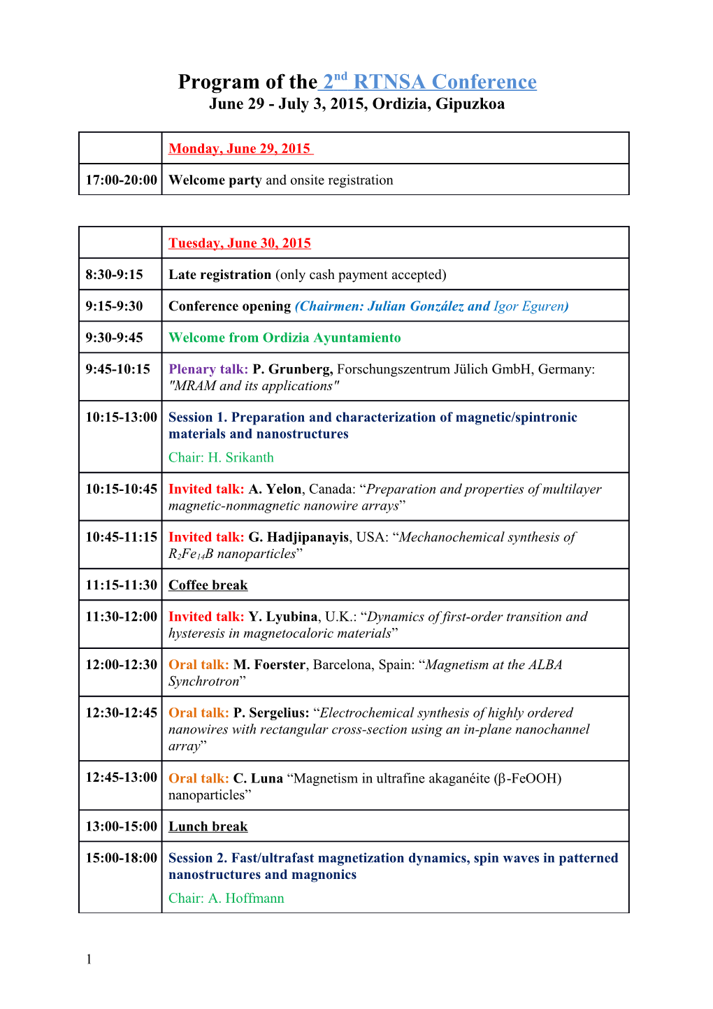 Program of the 2Nd RTNSA Conference