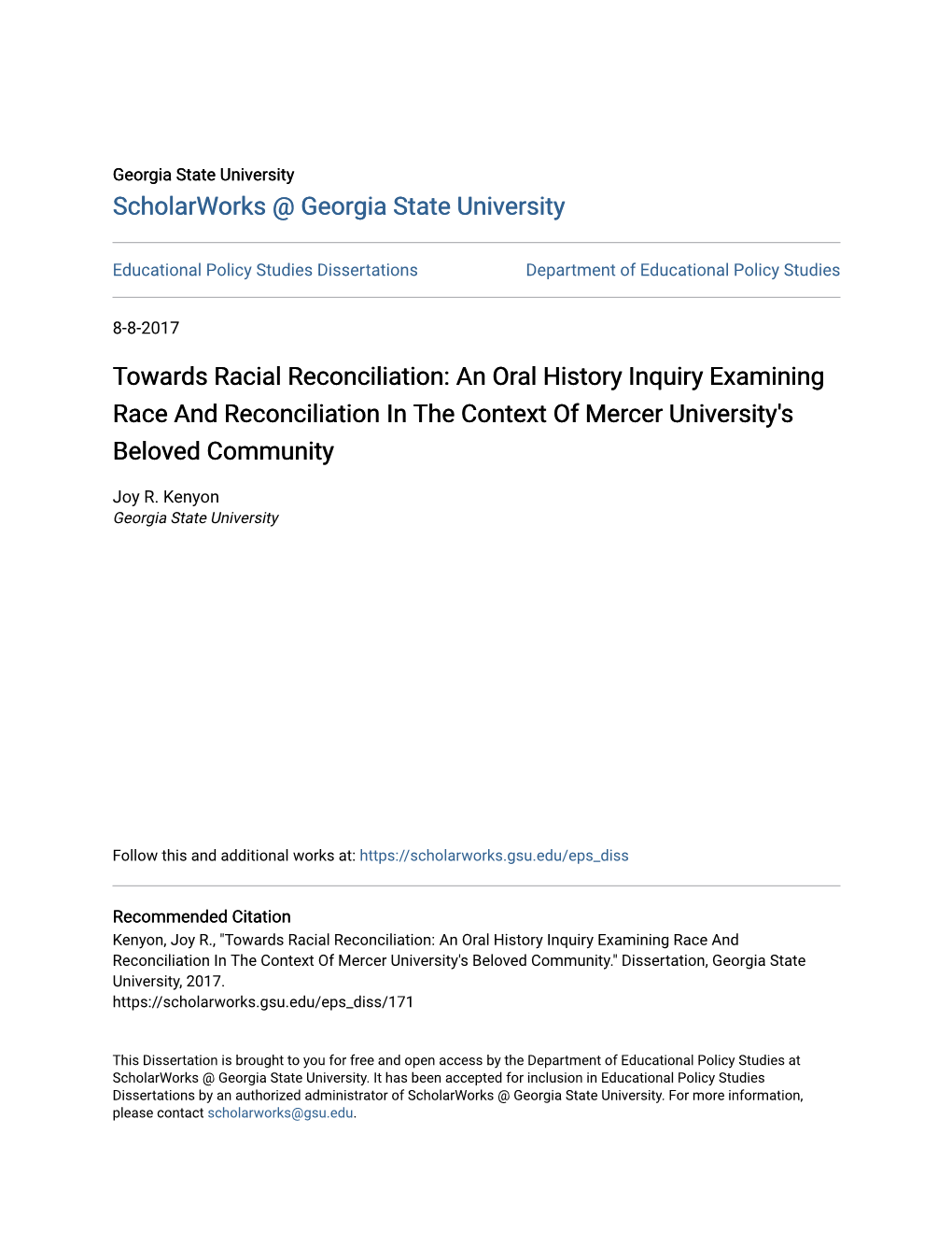 Towards Racial Reconciliation: an Oral History Inquiry Examining Race and Reconciliation in the Context of Mercer University's Beloved Community
