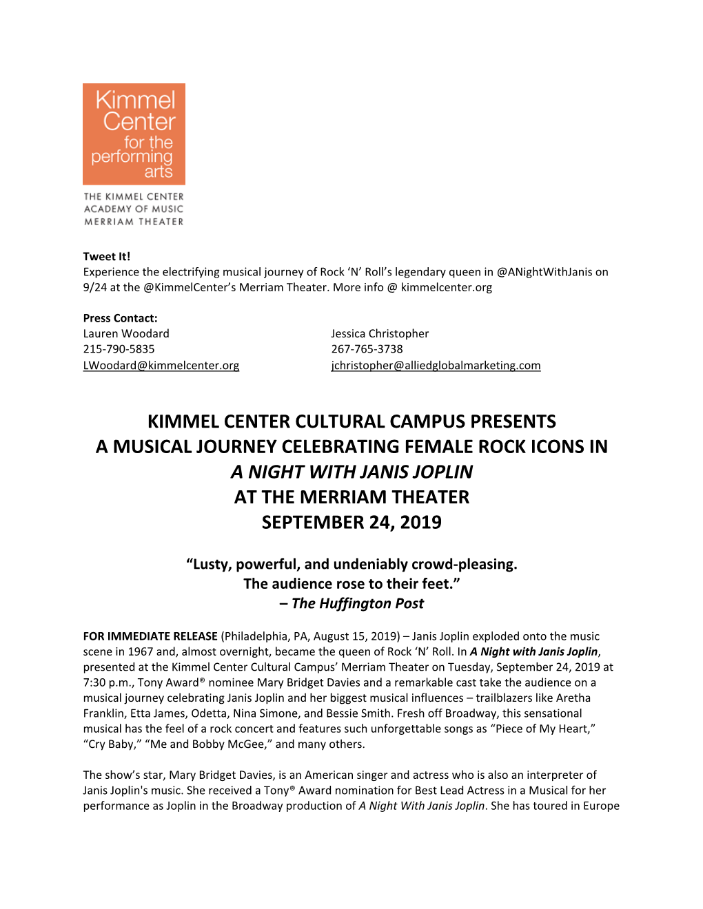 Kimmel Center Cultural Campus Presents a Musical Journey Celebrating Female Rock Icons in a Night with Janis Joplin at the Merriam Theater September 24, 2019