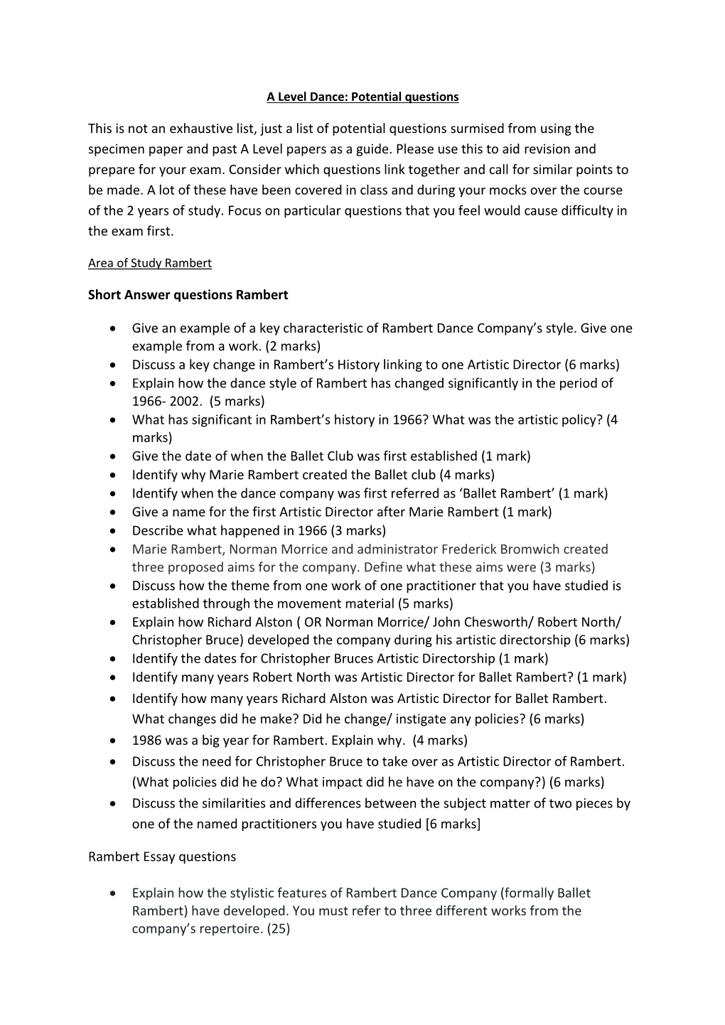 This Is Not an Exhaustive List, Just a List of Potential Questions Surmised from Using the Specimen Paper and Past a Level Papers As a Guide