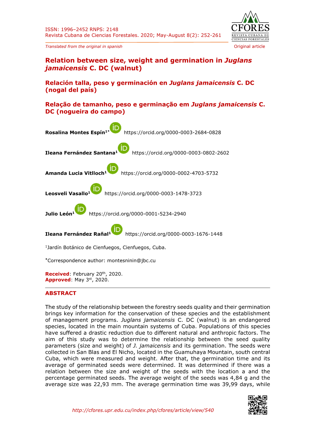 Relation Between Size, Weight and Germination in Juglans Jamaicenis