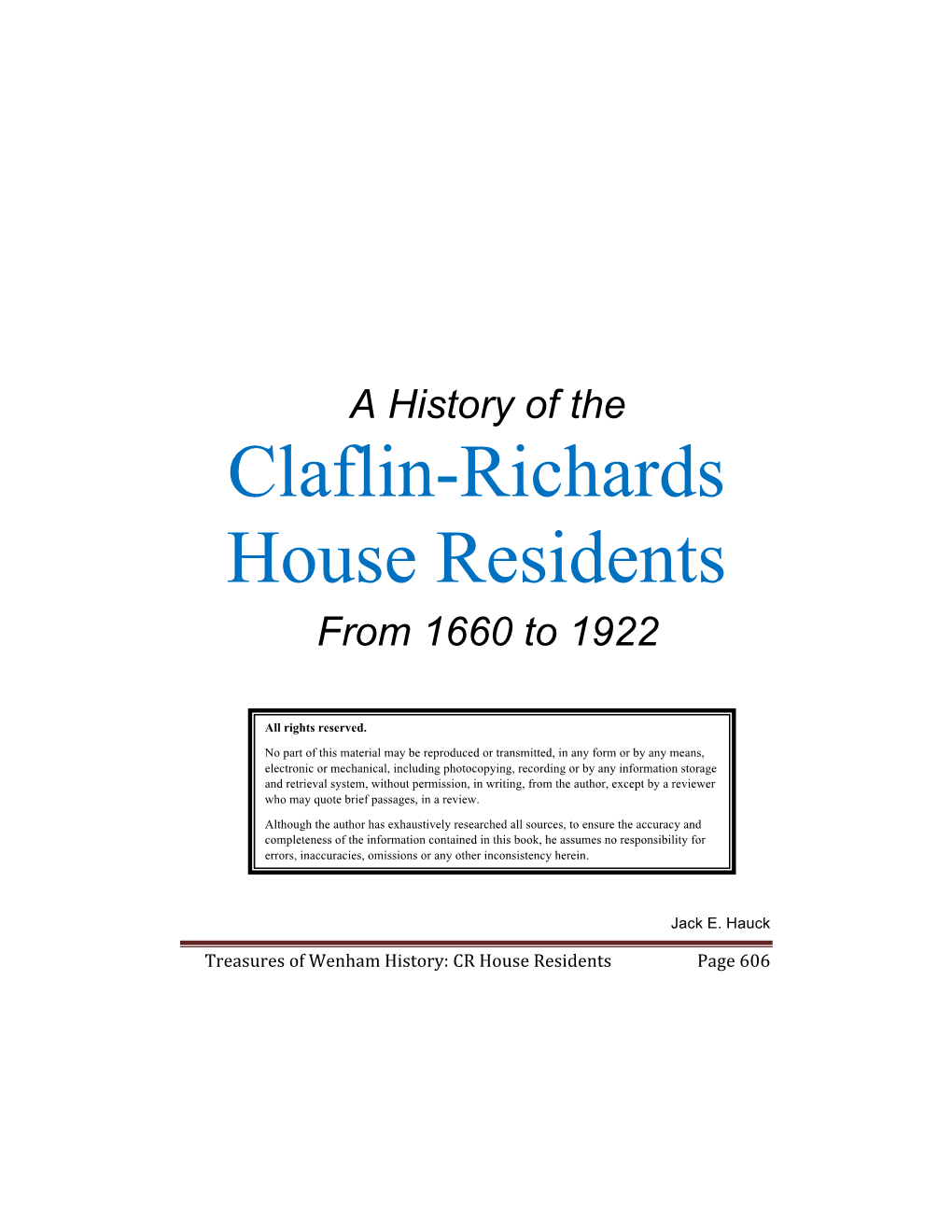 Claflin-Richards House Residents from 1660 to 1922