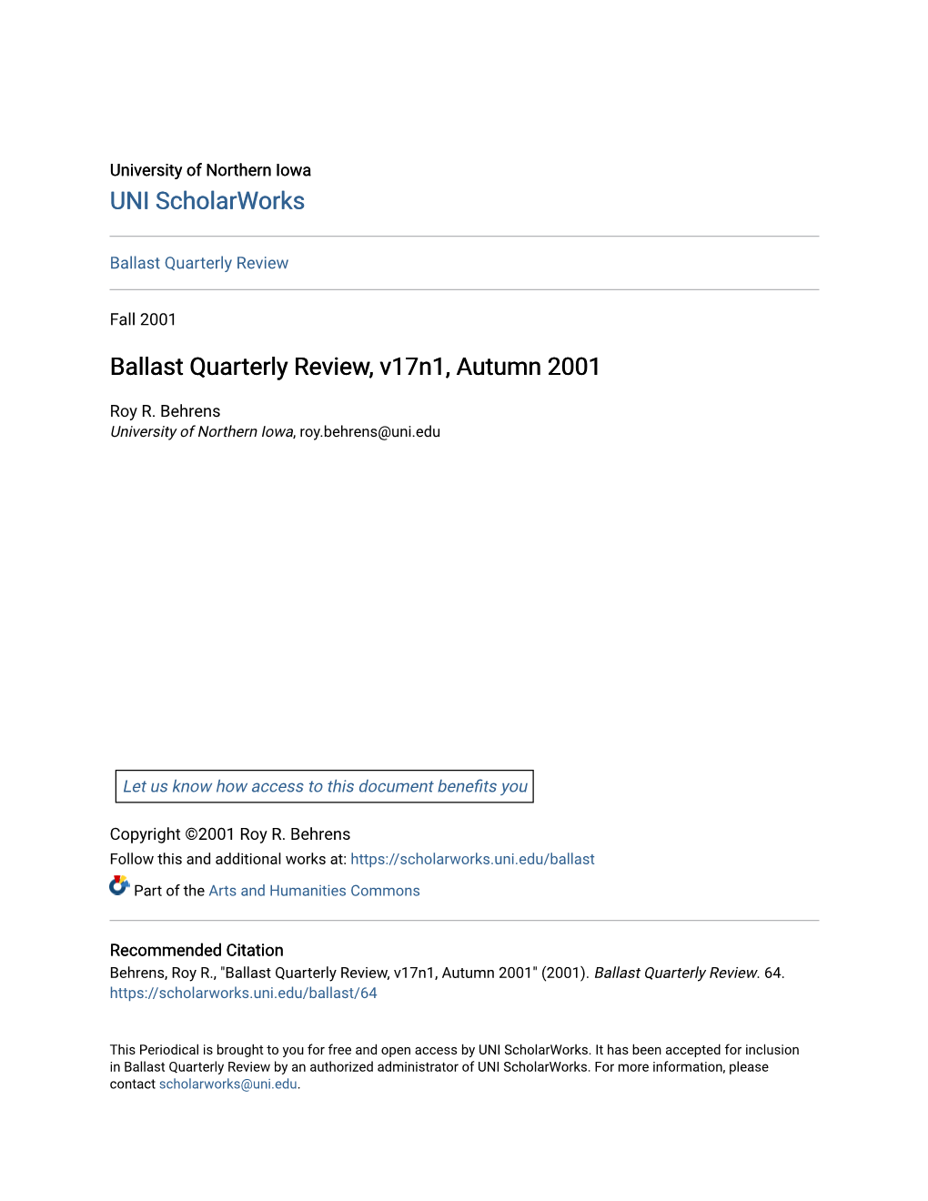 Ballast Quarterly Review, V17n1, Autumn 2001