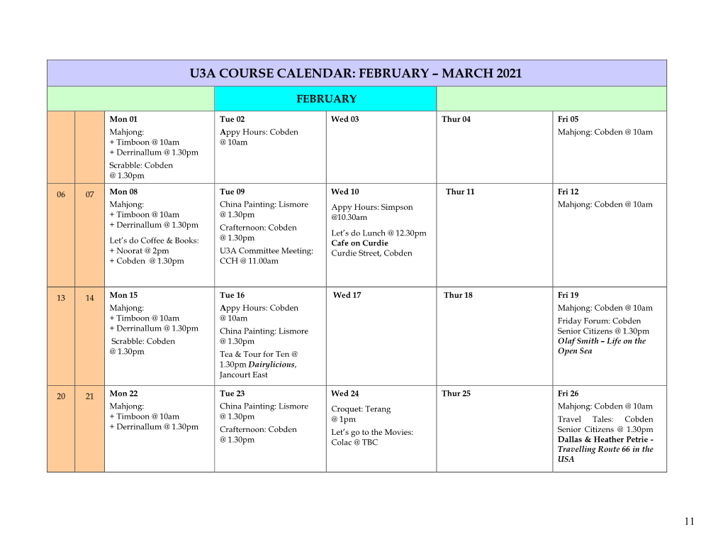 U3a Course Calendar: February � March 2021