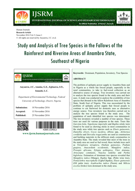 Study and Analysis of Tree Species in the Fallows of the Rainforest and Riverine Areas of Anambra State, Southeast of Nigeria