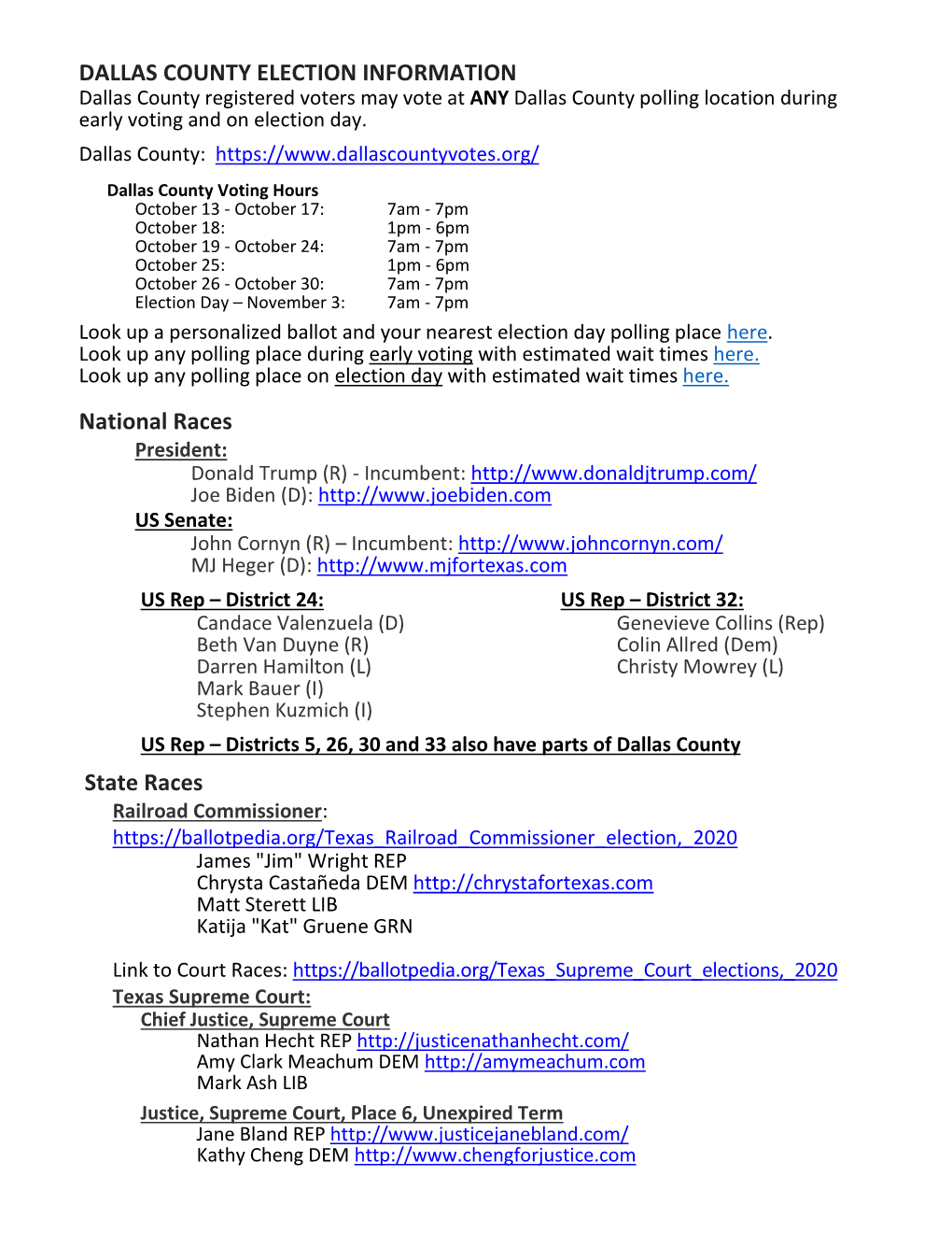 DALLAS COUNTY ELECTION INFORMATION National Races