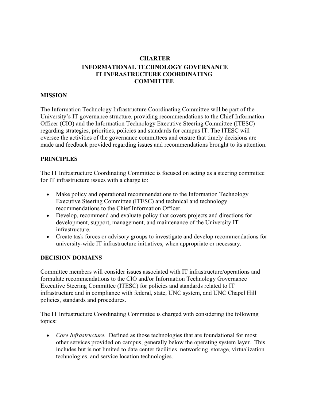 Charter Informational Technology Governance It Infrastructure Coordinating Committee