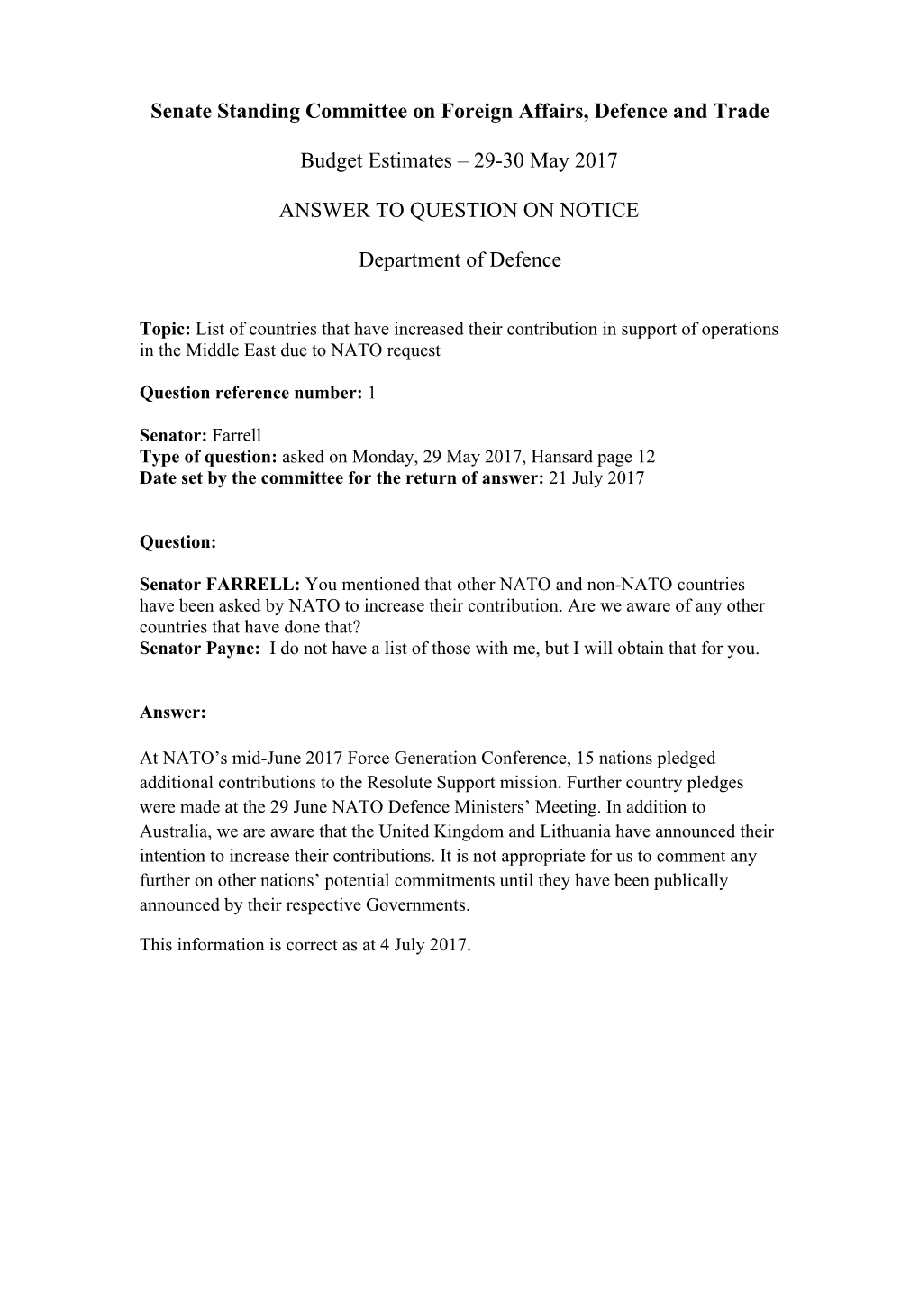 Senate Standing Committee on Foreign Affairs, Defence and Trade Budget Estimates