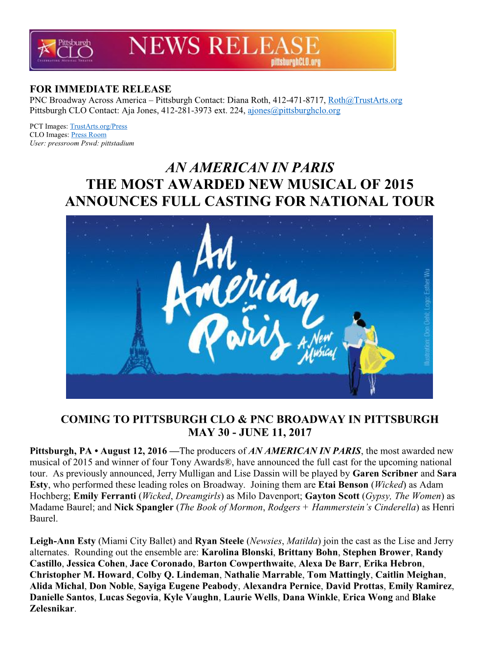 An American in Paris the Most Awarded New Musical of 2015 Announces Full Casting for National Tour