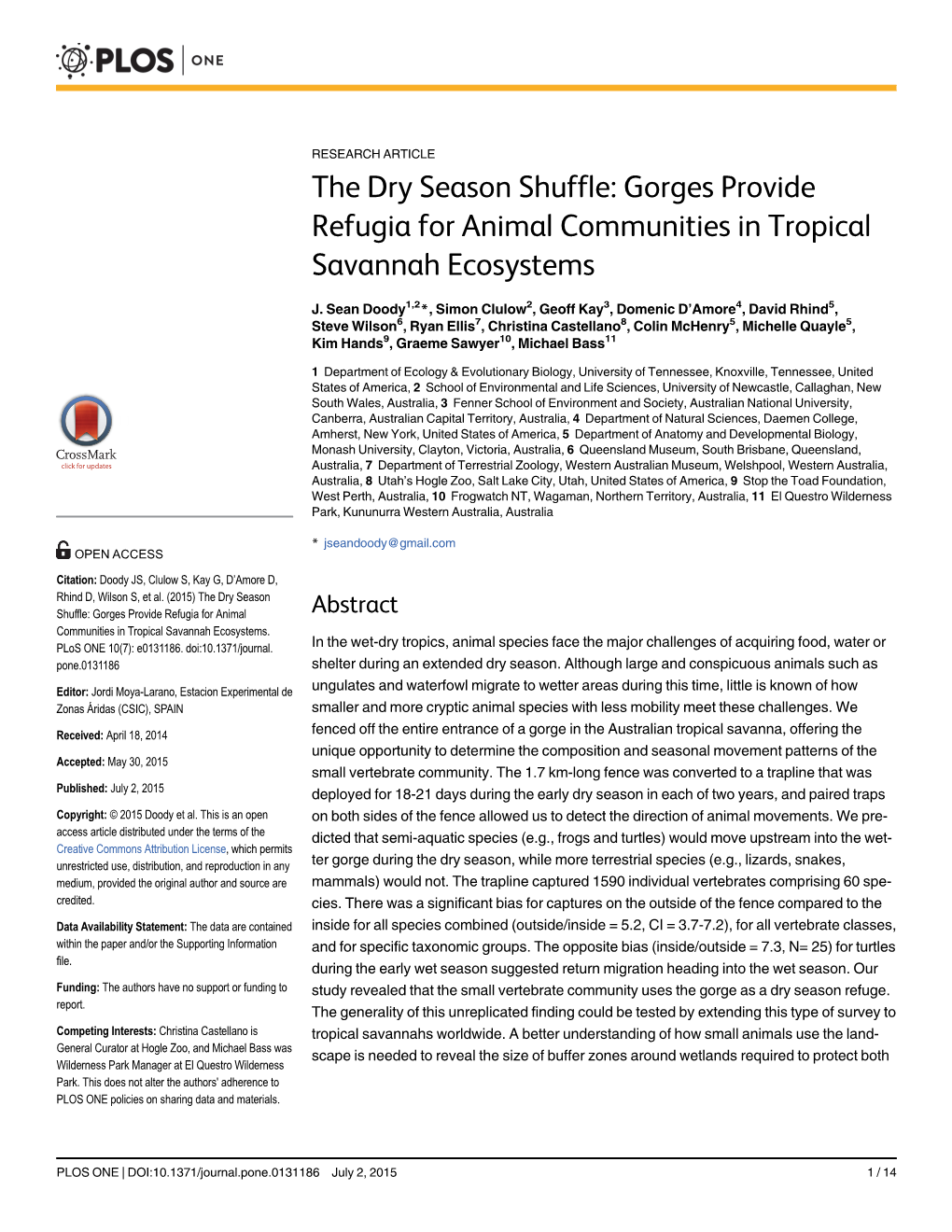 The Dry Season Shuffle: Gorges Provide Refugia for Animal Communities in Tropical Savannah Ecosystems