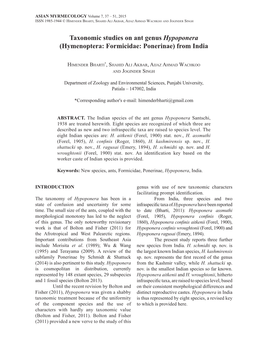 Taxonomic Studies on Ant Genus Hypoponera (Hymenoptera: Formicidae: Ponerinae) from India