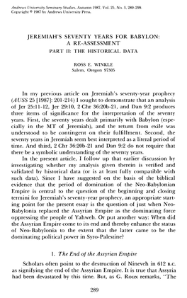 Jeremiah's Seventy Years for Babylon: a Re-Assessment Part 11: the Historical Data