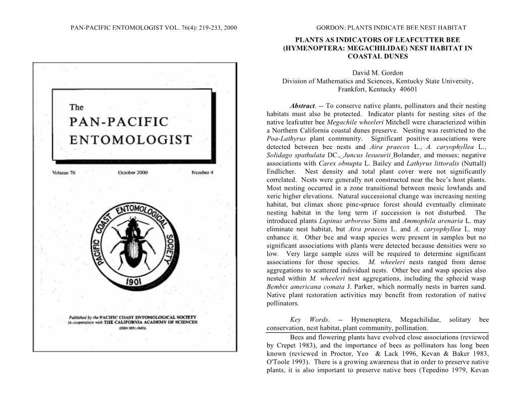 PLANTS AS INDICATORS of LEAFCUTTER BEE 1 6 (HYMENOPTERA: MEGACHILIDAE) NEST HABITAT in 2 7 COASTAL DUNES 3 8 9 David M