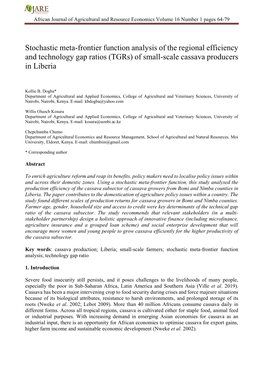 Stochastic Meta-Frontier Function Analysis of the Regional Efficiency and Technology Gap Ratios (Tgrs) of Small-Scale Cassava Producers in Liberia