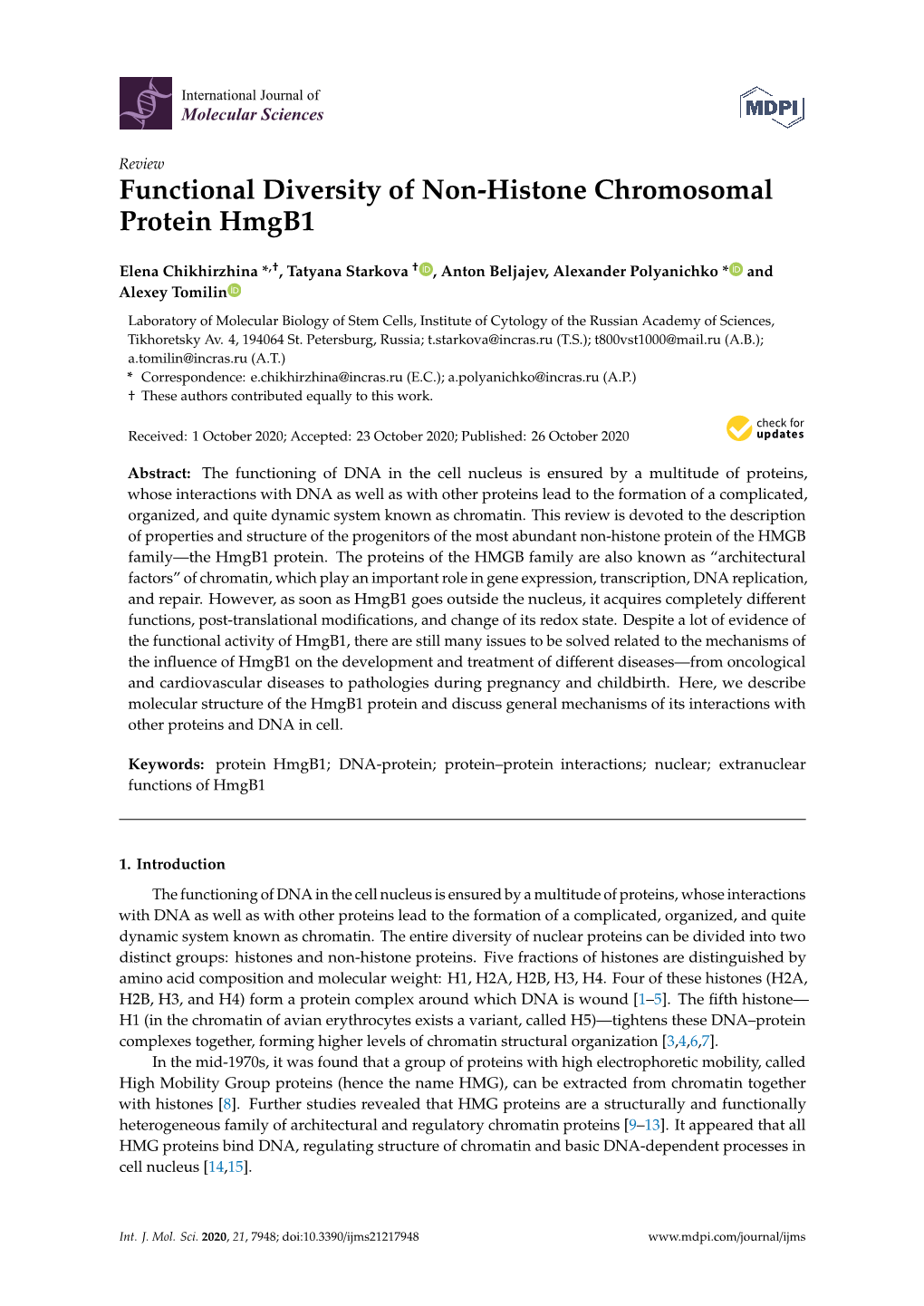 Functional Diversity of Non-Histone Chromosomal Protein Hmgb1