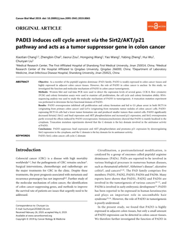 PADI3 Induces Cell Cycle Arrest Via the Sirt2/AKT/P21 Pathway and Acts As a Tumor Suppressor Gene in Colon Cancer