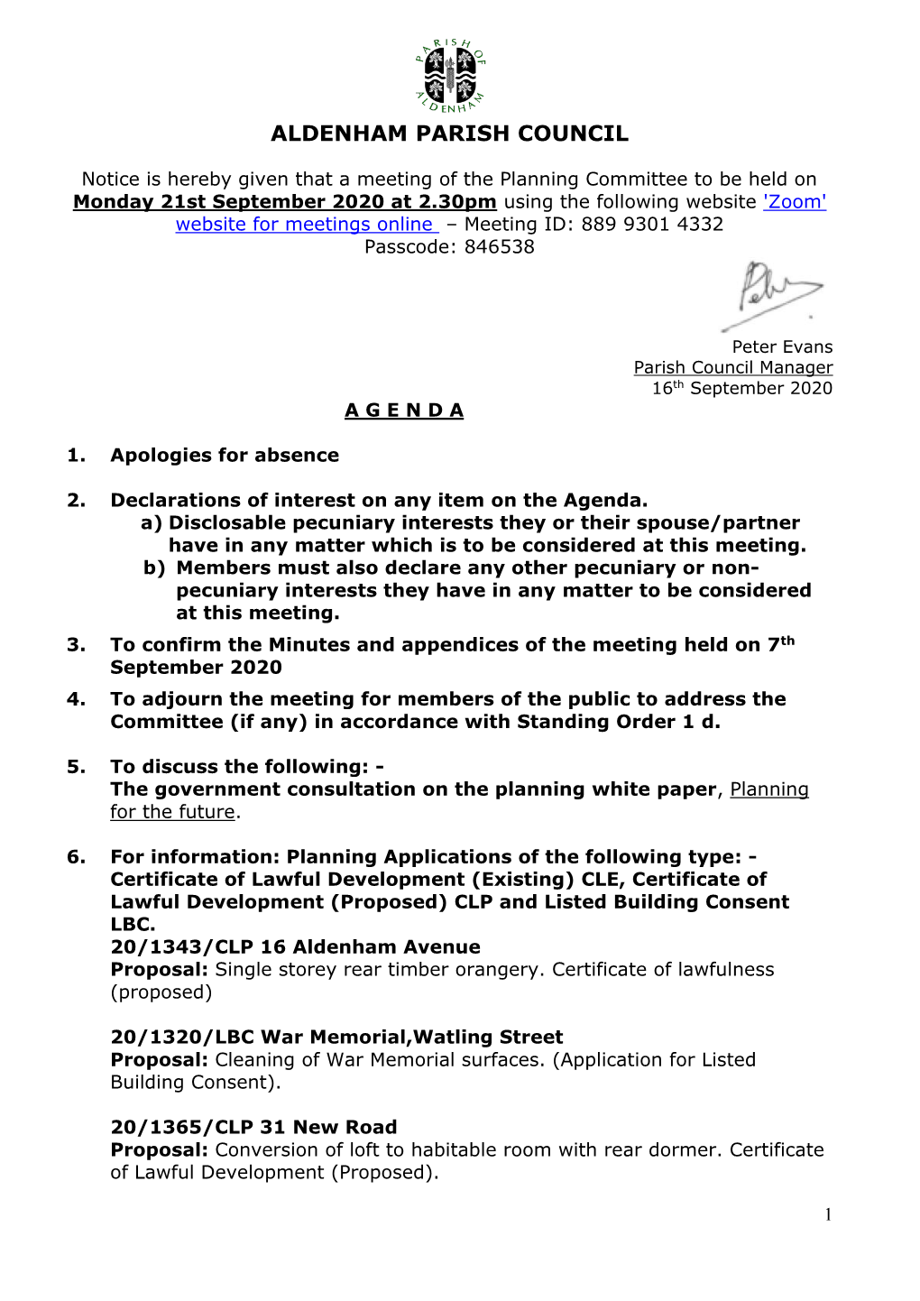 Planning Agenda 21St September 2020 A