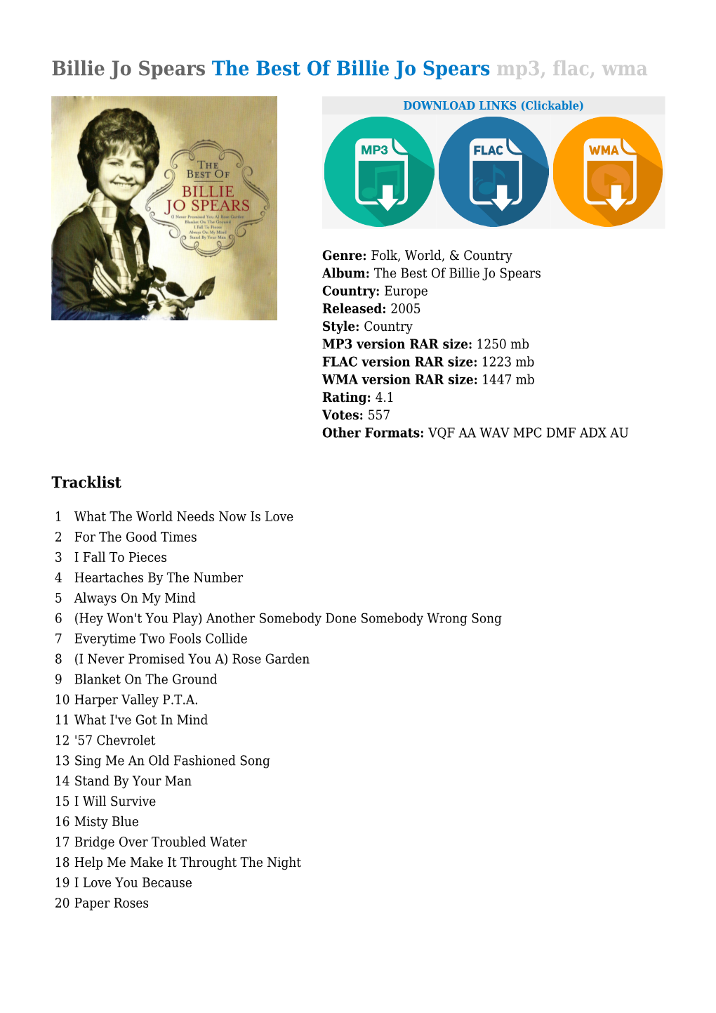 Billie Jo Spears the Best of Billie Jo Spears Mp3, Flac, Wma