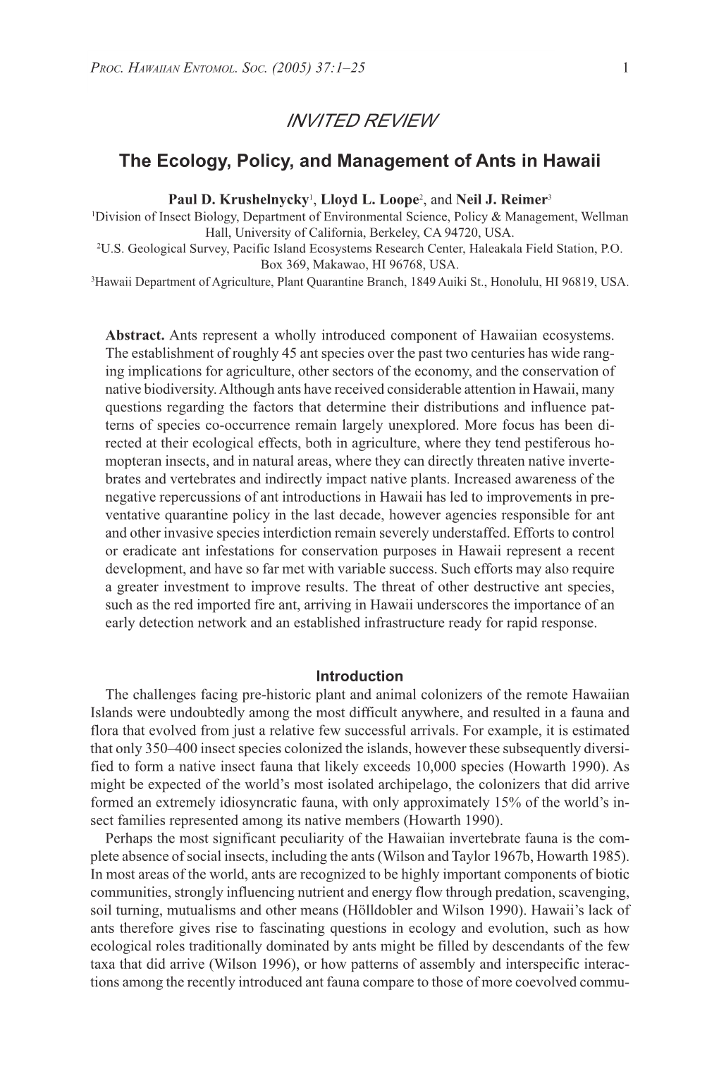 The Ecology, Policy, and Management of Ants in Hawaii