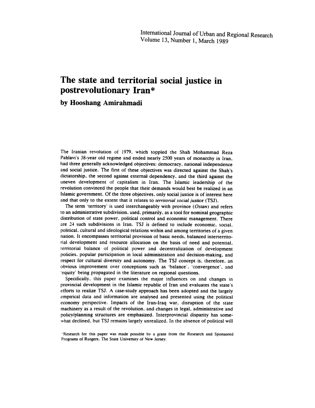 The State and Territorial Social Justice in Postrevolutionary Iran *